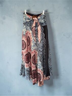 Boho Maxi Skirt in Navy, Red & Cream with Smocked Waist